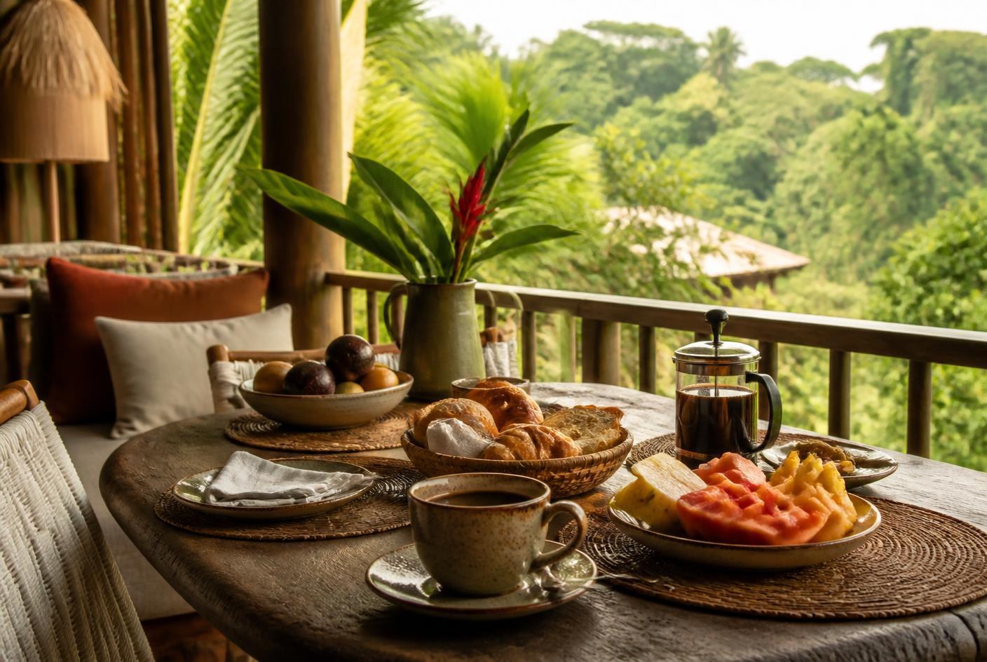 Café da manhã servido na varanda de uma hospedagem