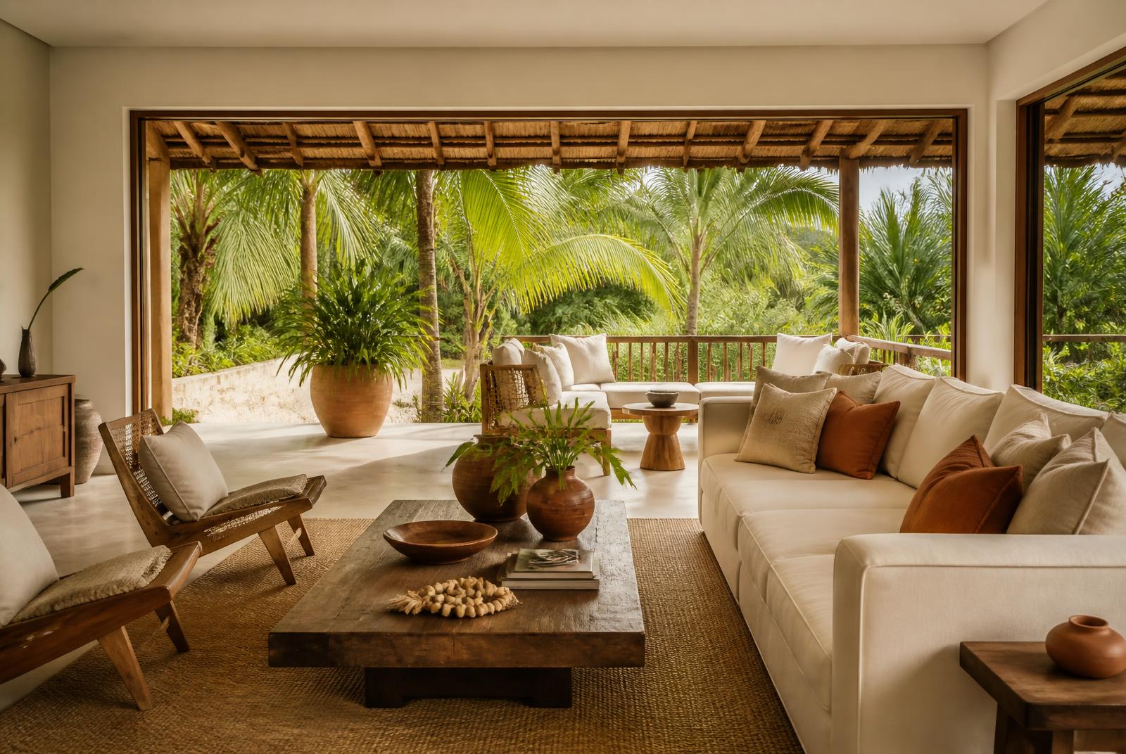 Sala de uma hospedagem aberta para uma varanda tropical